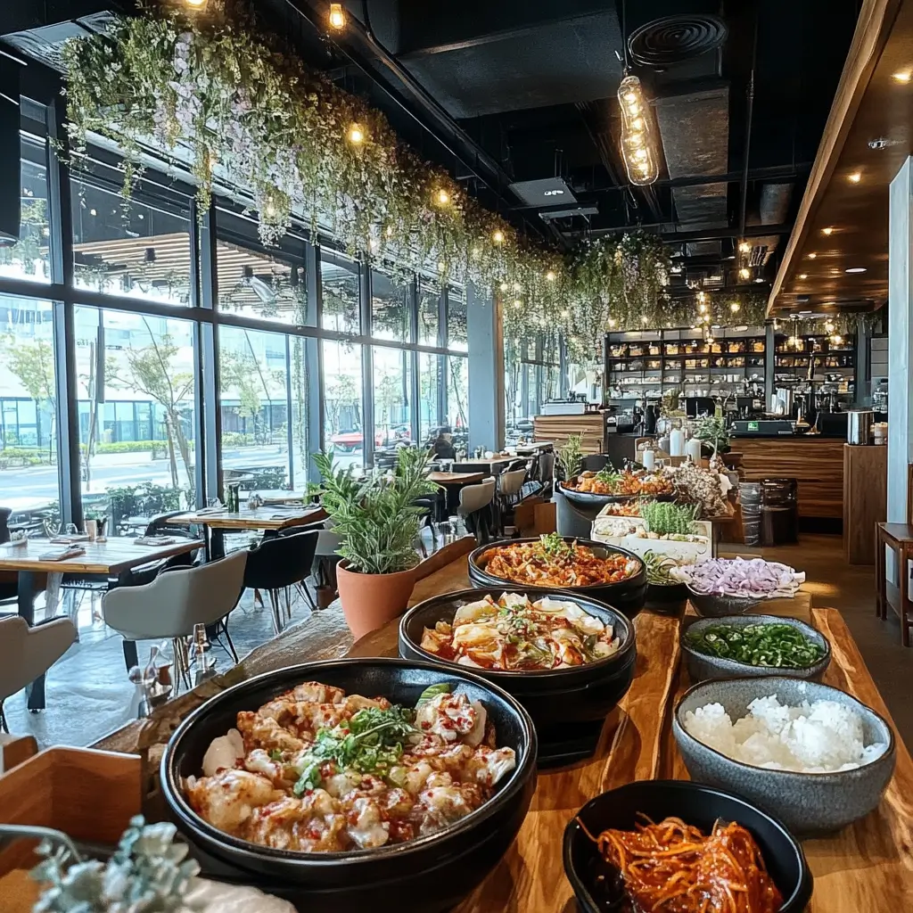 Interior of Kimchi Dining in Singapore, featuring floral decorations and panoramic Orchard Road views